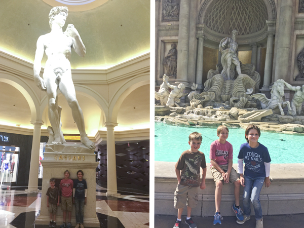 Posing with the statue of David and at the fountain just outside of the Forum Shops. 